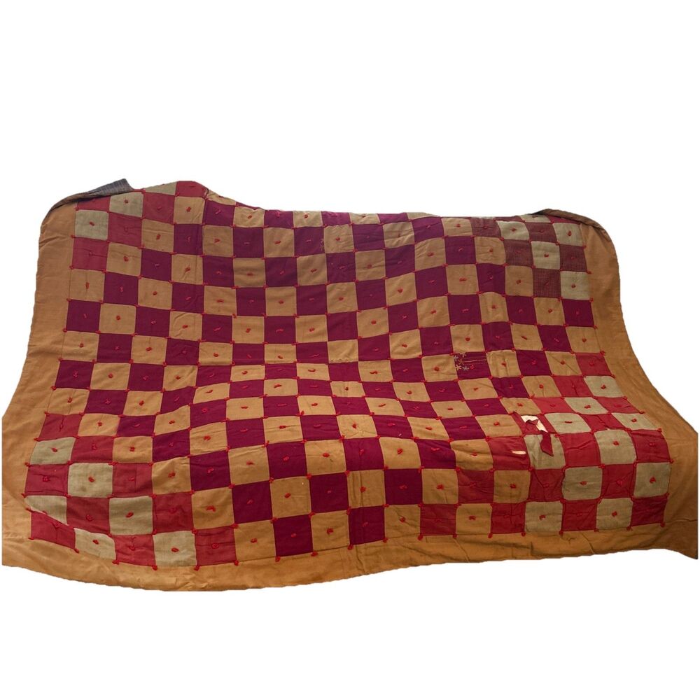 Antique vintage homemade checkerboard Tied quilt patchwork red mustard folk‎ art
